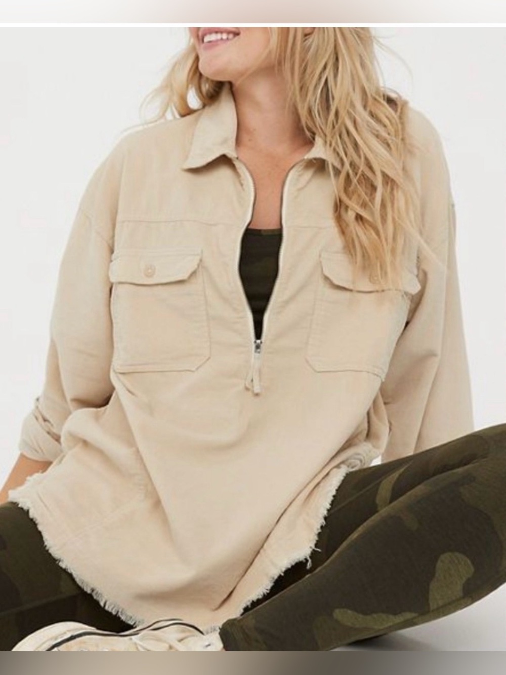 OFFLINE by aerie Corduroy Quarter-Zip Pullover Shacket | Size Small | Cream/Tan